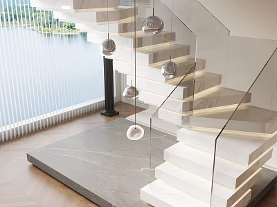 Modern Staircase Design With Glass Railing White Steps Marble Floor And Lake View 3d model