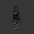 3D Knight Armor Model With Blue And Gold Decorative Details In Standing Pose
