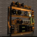 Workshop Display Shelf With Yellow And Black Tools Tool Rolls And Bottles