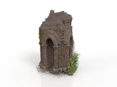 Ancient Weathered Stone Ruins With Arched Structure And Green Plants 3d model