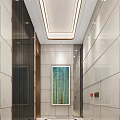 Elegant Elevator Lobby With Light Marble Walls Square Ceiling Lights And Vertical Blue Green Artwork 3d model