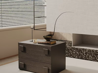 Stylish Dark Two Drawer Bedside Table With Table Lamp Bowl Books And Window Blinds 3d model