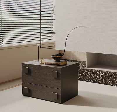 Stylish Dark Two Drawer Bedside Table With Table Lamp Bowl Books And Window Blinds 3d model