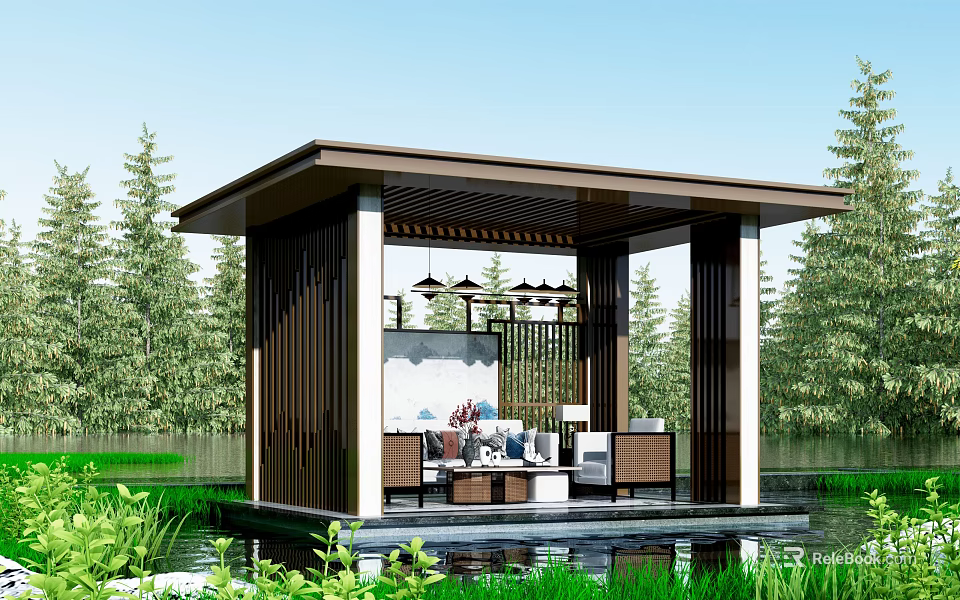 Modern Waterfront Pavilion Interior With Green Trees Sofa And Chandelier 3d model 