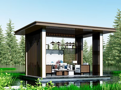 Modern Waterfront Pavilion Interior With Green Trees Sofa And Chandelier 3d model