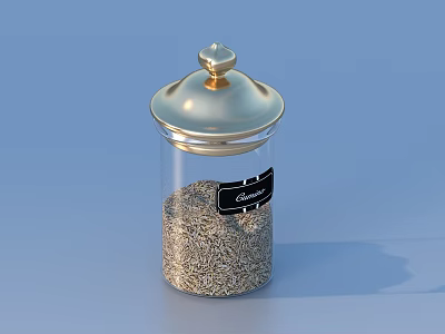 Glass Jar With Golden Lid Containing Cumin Seeds On Blue Background 3d model