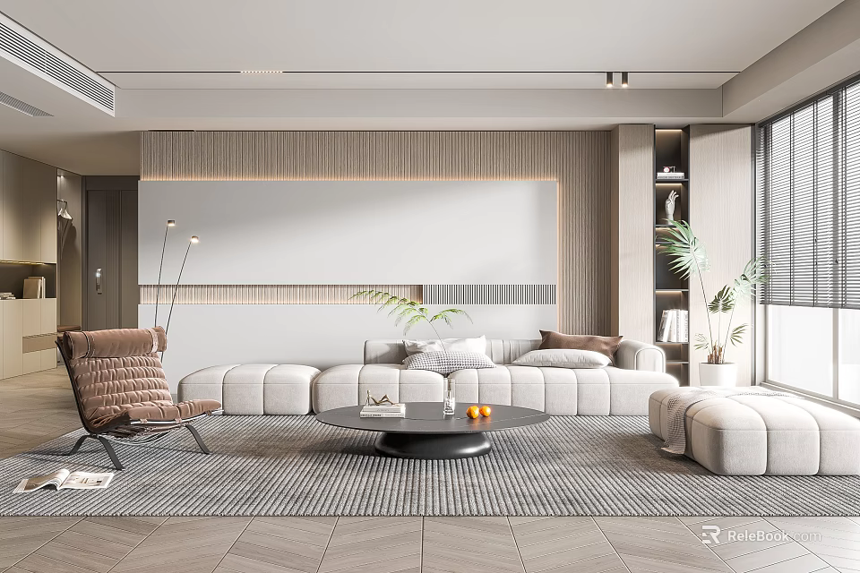 Modern Living Room Interior With Beige Sofa Coffee Table And Accent Chair 3d model 
