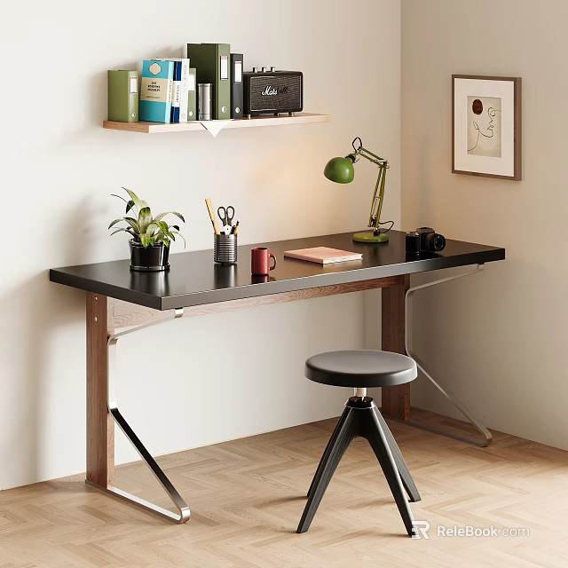 Modern Home Office Desk With Green Lamp Potted Plant Notebook Camera And Wall Shelf 3d model 