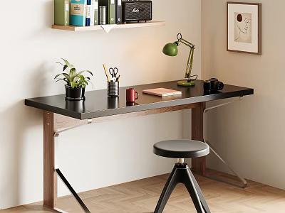 Modern Home Office Desk With Green Lamp Potted Plant Notebook Camera And Wall Shelf 3d model