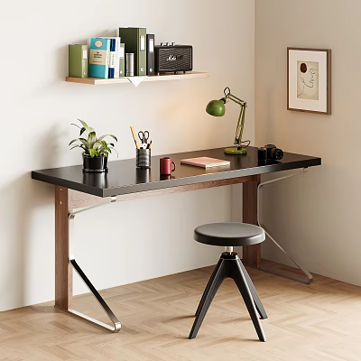 Modern Home Office Desk With Green Lamp Potted Plant Notebook Camera And Wall Shelf 3d model
