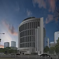 Modern Hotel Building With Curved Exterior Glass Windows And Urban Background Trees Around