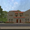 Single Family Villa Exterior With Beige Facade Red Roof Arched Portico Greenery And Car