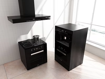 Modern Black Kitchen Appliances With Stove Oven Range Hood And Cabinets 3d model