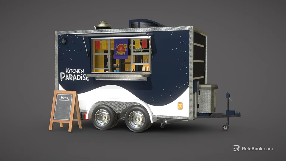 Mobile Kitchen Paradise Food Truck With Blue White Exterior Chalkboard Menu And Wheels 3d model 
