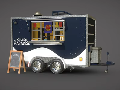 Mobile Kitchen Paradise Food Truck With Blue White Exterior Chalkboard Menu And Wheels 3d model