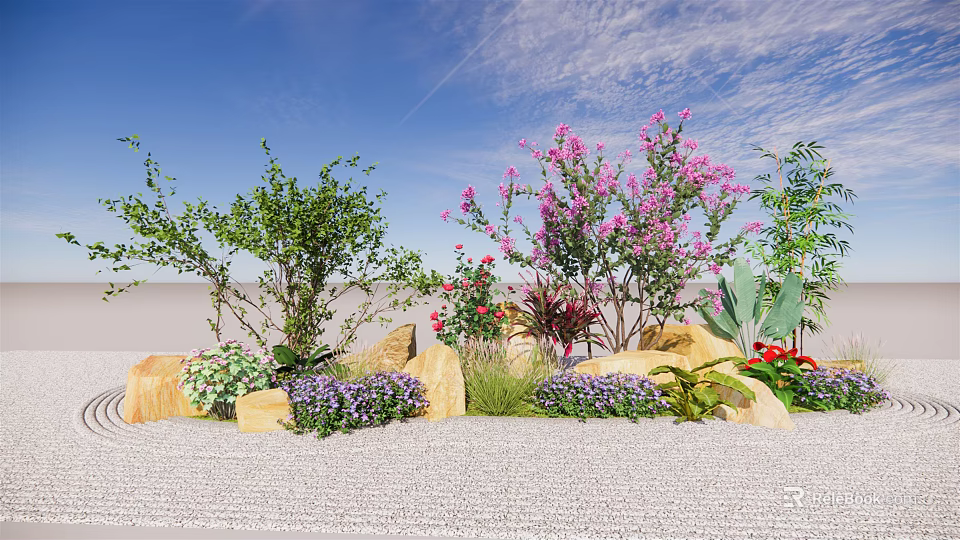 Ground Cover Plants With Stones And Colorful Flowers In Natural Garden Scene 3d model 
