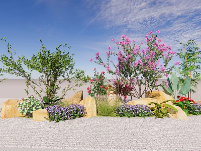Ground Cover Plants With Stones And Colorful Flowers In Natural Garden Scene 3d model