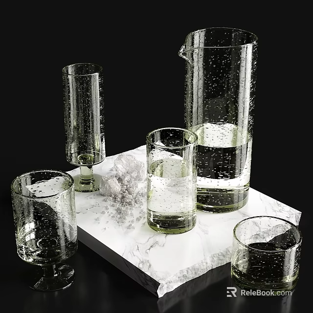 Elegant Glass Wine Bottle With Various Shaped Wine Glasses On Modern Marble Countertop 3d model 