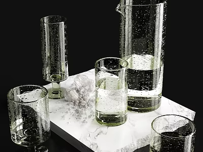 Elegant Glass Wine Bottle With Various Shaped Wine Glasses On Modern Marble Countertop 3d model