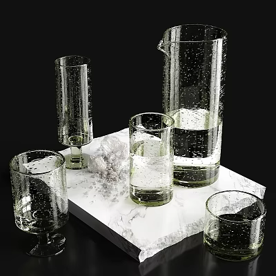 Elegant Glass Wine Bottle With Various Shaped Wine Glasses On Modern Marble Countertop 3d model