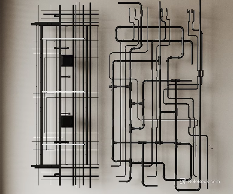 Industrial Black Pipes Artistic Arrangement With Curved And Straight Lines On Light Wall 3d model 