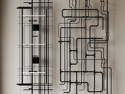 Industrial Black Pipes Artistic Arrangement With Curved And Straight Lines On Light Wall 3d model