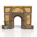 Ornate Architectural Structure Featuring Arched Doorway With Decorative Golden Brown Panels And Potted Plant