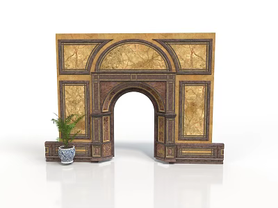 Ornate Architectural Structure Featuring Arched Doorway With Decorative Golden Brown Panels And Potted Plant 3d model