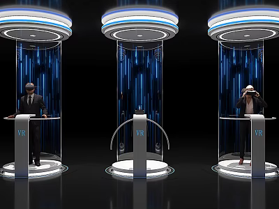 VR Experience Booths With Interactive Technology And People Using Headsets In Glass Enclosures 3d model