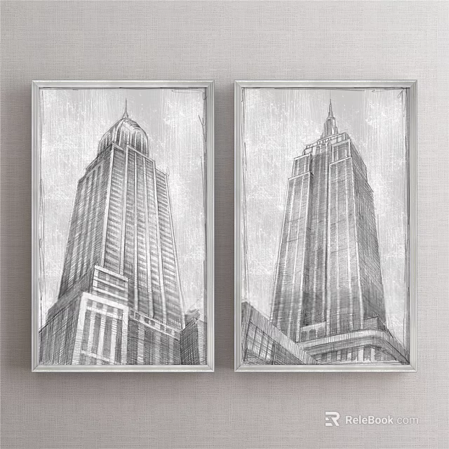Two Framed Black And White Sketch Style Landscape Paintings With Tall Buildings 3d model 