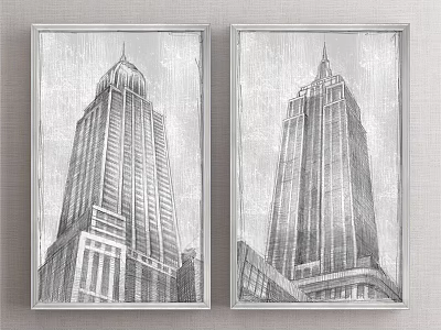 Two Framed Black And White Sketch Style Landscape Paintings With Tall Buildings 3d model