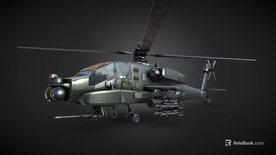 Military Helicopter With Rotor Blades Dark Green Body And Weapon Systems 3d model 