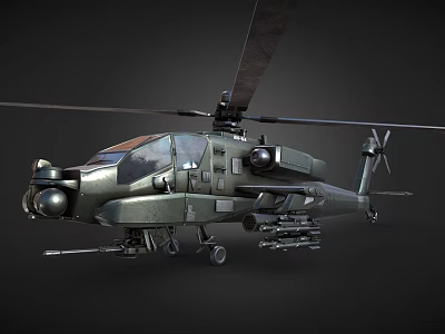 Military Helicopter With Rotor Blades Dark Green Body And Weapon Systems 3d model
