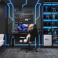 Gaming Entertainment Room With Bed Blue LED Lights And Display Shelves