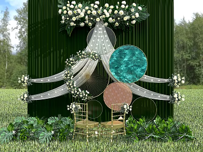Outdoor Wedding Decor Setup With Green Backdrop White Flowers Circular Elements And Golden Chairs 3d model