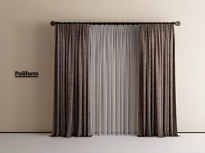Double Layer Curtains With Dark Brown Outer And White Sheer Inner Layers And Decorative Rod 3d model