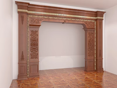 Ornate Wooden Door Arch With Carved Details And Golden Accents In Interior Space 3d model