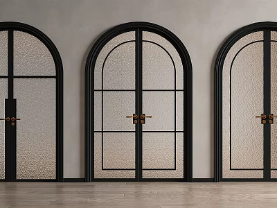 Arched Black Frame Double Doors With Textured Glass Brass Handles Grey Wall And Wooden Floor 3d model
