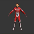 Man In Red Racing Suit Featuring Sponsor Logos Black Gloves White Shoes On Dark Background