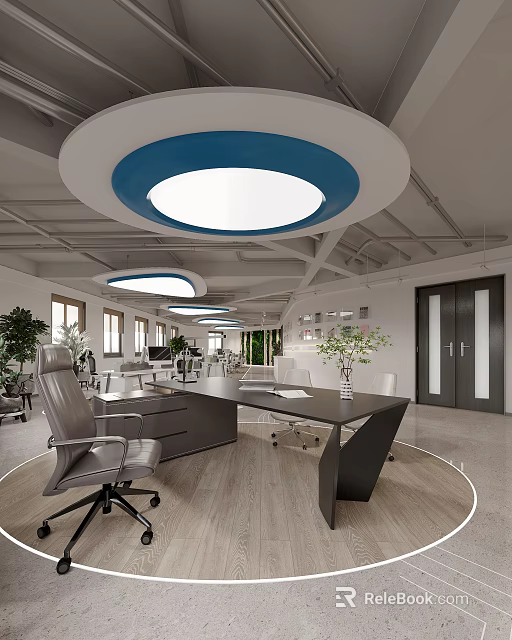 Modern Public Office Area With Circular Blue Ceiling Lights Desks Chairs Windows And Green Plants 3d model 
