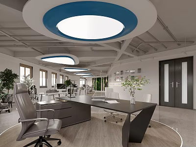 Modern Public Office Area With Circular Blue Ceiling Lights Desks Chairs Windows And Green Plants 3d model