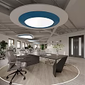 Modern Public Office Area With Circular Blue Ceiling Lights Desks Chairs Windows And Green Plants