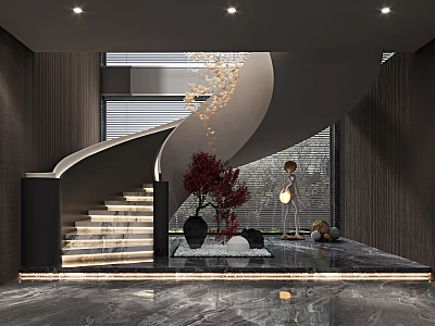 Modern Interior With Spiral Staircase And Decor 3d model