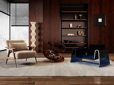 Modern Leisure Chairs With Wooden Metal Frames Beige Blue Upholstery Bookshelf And Floor Lamp 3d model