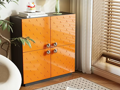 Orange Storage Cabinet with Patterned Doors and Metal Handles in Room Interior with Plant and Window Blinds 3d model