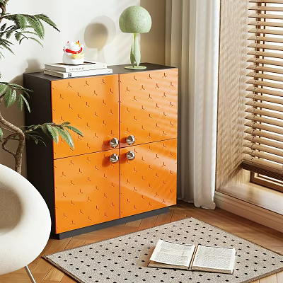 Orange Storage Cabinet with Patterned Doors and Metal Handles in Room Interior with Plant and Window Blinds 3d model