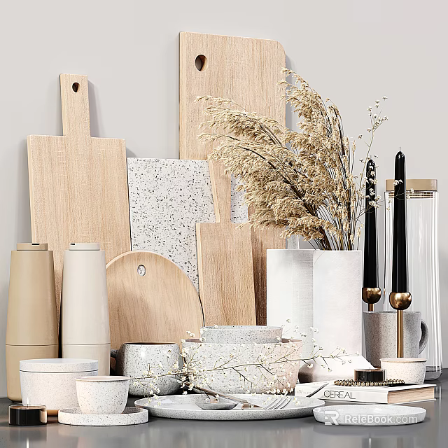 Modern Kitchenware Collection With Wooden Stone Cutting Boards Beige White Containers Dried Flowers And Candles 3d model 