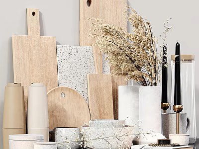 Modern Kitchenware Collection With Wooden Stone Cutting Boards Beige White Containers Dried Flowers And Candles 3d model