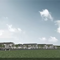 Modern Townhouses Exterior With Green Lawn Trees Distant Mountains And Blue Sky