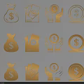 Gold Currency Themed Wall Decor With Money Bag Banknotes Hands Holding Coins And Dollar Signs